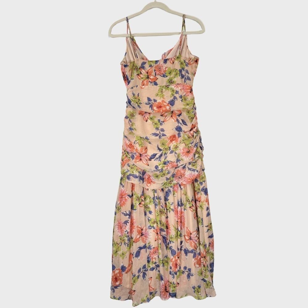Lulus Dress Blush Pink Stunning Soiree Floral Ruched Midi V Neck Chiffon Small - Picture 3 of 12